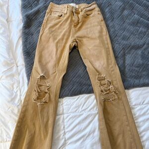 Tan Distressed Flare Jeans for Women